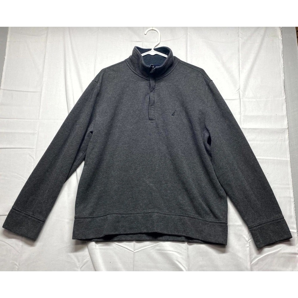 Nautica Sweater Mens Large Heather Gray Cotton Tight Knit Mock Neck Quarter Zip